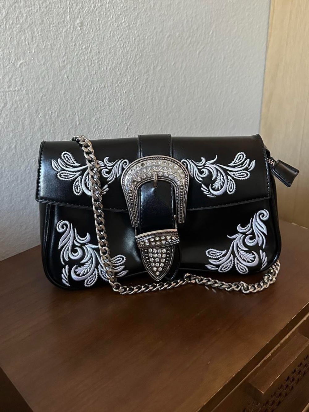 Black Embroidered Chain Shoulder Bag with Crystal Buckle
